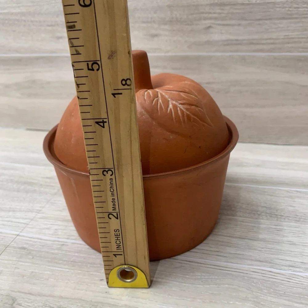 Terracotta Apple Baker Clay Ramekin with Lid Rustic Fall Kitchen Decor Orange